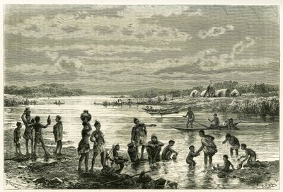 Vida en las orillas del río Zambeze, los marutses se preocupan mucho por su limpieza y el lavado para ellos es una actividad de primera necesidad. Grabado de Th. Weber, ilustración de la historia “En el país de los Marutses”, en 1875-1879, por el Dr. Emile de Theodore Weber