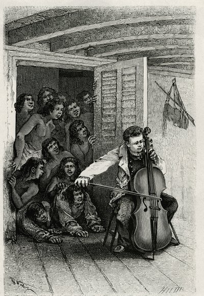 Retrato del autor viajero, tocando el violonchelo y atrayendo a una audiencia de curiosos. Grabado de Th.Weber, para ilustrar la historia “Les Iles Wallis”, del Dr. Emile Deschamps, médico mayor del 80º de infantería. Publicado en Le Tour du Monde. de Theodore Weber