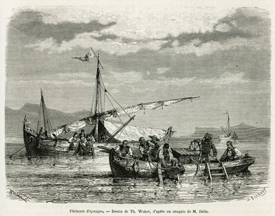 Pescadores de esponjas en el Golfo de Nafplio, ilustración de la historia de un viaje a Grecia en 1861, 1868 y 1874, por Henri Belle. Grabado en Le tour du monde de Theodore Weber