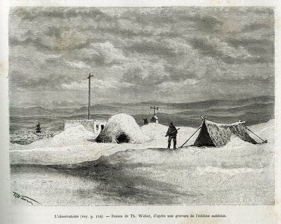 El observatorio meteorológico fue instalado en la bahía de Koljutschin (círculo polar), mientras el barco La Vega estaba atrapado en el hielo y la tripulación se preparaba para invernar. Grabado por Th. Weber, ilustración de la historia “Viaje de la Vega a de Theodore Weber