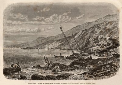 Pesca de atún en la Bahía de Proelucca (Golfo de Fiume o Rijeka, Istria), el vigía de los bancos de peces se sube a altas escalas y avisa a los pescadores de su equipo o lanza sus redes a lo largo de la costa. Grabado después del dibujo de T.Weber, para i de Theodore Weber