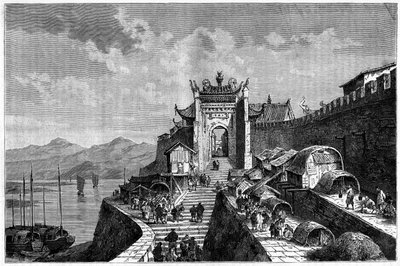 Vista de la Puerta de Shanghái en el río Huangpu, China en los años 1870-1880. Grabado después de un dibujo de Weber, en “Le Tour du Monde, Nouveau journal des Voyages”, editado por Edouard Charton, París de Theodore Weber