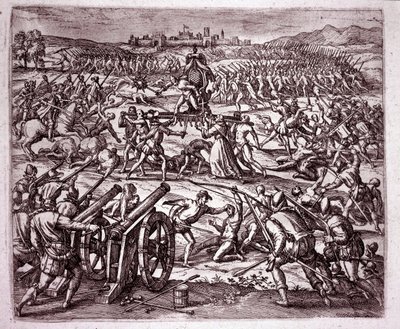 Un monje dominico, sintiéndose burlado por el rey inca Atahualpa (Atabaliba), anima a Francisco Pizarro a buscar venganza. Grabado de Theodore de Bry