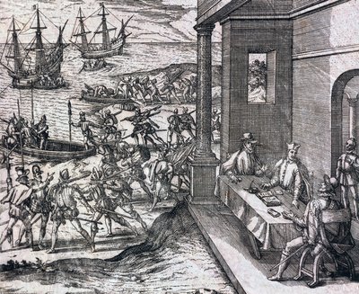 Acuerdo entre Francisco Pizarro, Diego de Almagro y Hernando de Luque para explorar y explotar Perú de Theodore de Bry