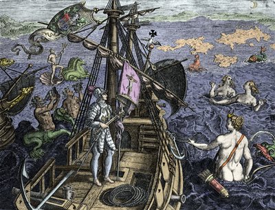 Alegoría de los viajes de Cristóbal Colón (1451-1506), grabado de “Historia Americae sive Novi Orbis” de Theodor de Bry (1527-1598), Ámsterdam 1594 de Theodore de Bry