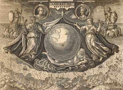 Alegoría de las Indias Occidentales o Américas, con retratos de los navegantes Cristóbal Colón y Américo Vespucio de Theodore de Bry