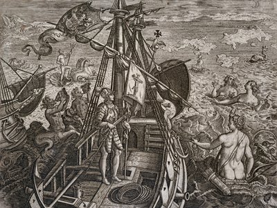 Alegoría del viaje de Cristóbal Colón al descubrimiento del Nuevo Mundo, grabado de Theodor de Bry de Theodore de Bry