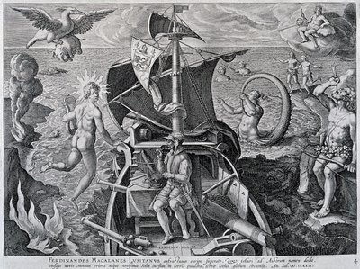 Alegoría sobre los viajes de Fernando de Magallanes (1480-1521), por Theodor de Bry (1528-1598) de Theodore de Bry