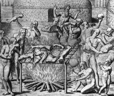 Comidas antropófagas: caníbales en Brasil - en "Admirante Narratio Americae", por Théodore de Bry de Theodore de Bry