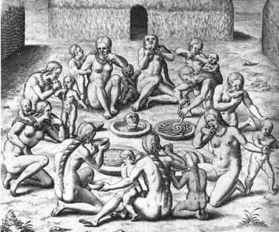 Comidas antropófagas: caníbales de Sudamérica - en "Admirante Narratio Americae", por Théodore de Bry de Theodore de Bry