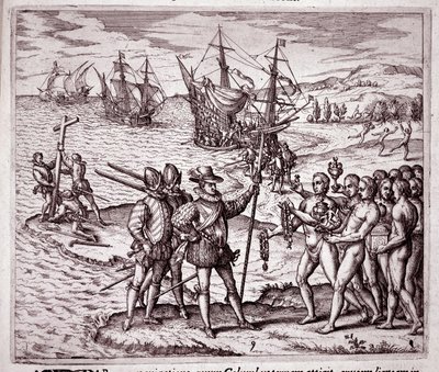 Llegada de Cristóbal Colón a la isla de La Española en las Indias Occidentales (Grabado) de Theodore de Bry