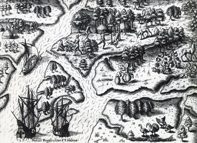 Llegada de los franceses a Port Royal en 1564, por Theodor de Bry basado en una pintura de Jacques le Moyne de Morgues, grabado de Theodore de Bry