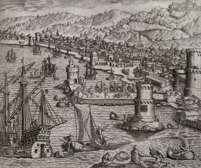 Llegada de Girolamo Benzoni al puerto de Las Palmas durante su viaje a las Américas, Islas Canarias, grabado por Theodor de Bry de Theodore de Bry