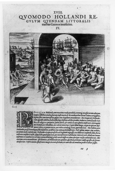 Llegada de los líderes holandeses a Guinea: La negociación para la compra de esclavos destinados a ser vendidos a los conquistadores españoles, de "Petits Voyages", 1585-88 de Theodore de Bry