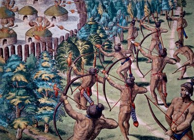 Ataque a la aldea con flechas incendiarias, grabado de Narratio In Floridae de Theodore de Bry
