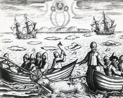 Aurora boreal y caza de osos blancos durante la tercera expedición liderada por William Barents en busca del Paso del Noreste en 1596, por Theodor de Bry, grabado de Theodore de Bry