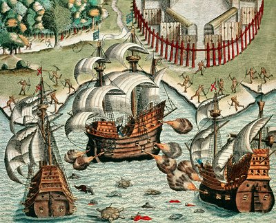 Batalla entre los franceses y portugueses en Buttugar de Theodore de Bry