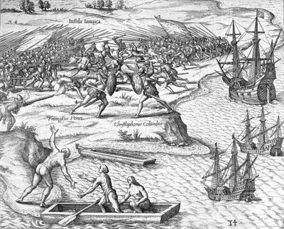 Batalla en Jamaica entre Cristóbal Colón y Francisco Poraz, 1504 1631 de Theodore de Bry
