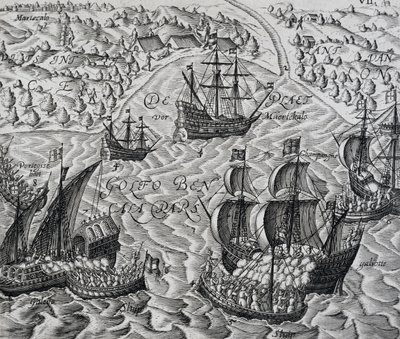 Batalla frente a la ciudad de Matical en la Bahía de Bengala, grabado de Indiae Orientalis por Theodor de Bry de Theodore de Bry