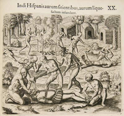 Porque los españoles tienen sed de oro, los indios les vierten oro líquido. De: Americae pars qv de Theodore de Bry