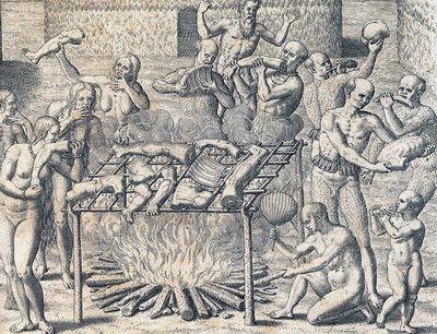 Canibalismo de tribus en el interior de Brasil, grabado de Historia Americana por Theodore de Bry, Frankfurt, Sudamérica de Theodore de Bry