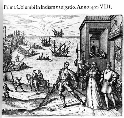 Cristóbal Colón y los hermanos Pinzón saliendo del puerto de Palos en España el 03/08/1492 hacia el Nuevo Mundo. A la derecha, el Rey y la Reina de Portugal, Fernando II de Aragón e Isabel I de Castilla. Grabado de Theodore de Bry en "Admirante" de Theodore de Bry