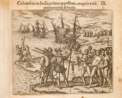 Cristóbal Colón desembarcando en la isla de Guanahani (San Salvador) el 12 de octubre de Theodore de Bry