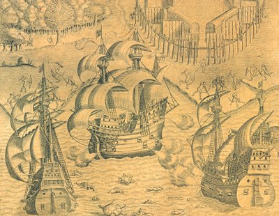 Choque entre barcos franceses y portugueses en el Océano Atlántico por la posesión de Brasil de Theodore de Bry