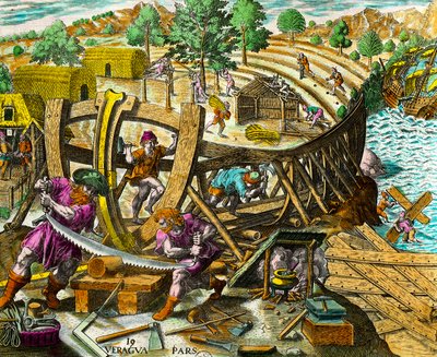 Construcción de un barco para el navegante español Vasco Núñez de Balboa (1475-1517). Grabado de Historia de las Américas por Theodore de Bry (1528-1598) siglo XVI. Colección privada de Theodore de Bry