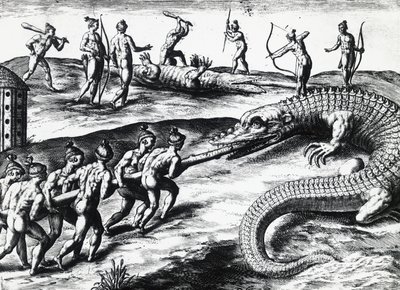 Caza de cocodrilos en Florida, de la pintura de Jacques le Moyne de Morgues, por Theodor de Bry. grabado de Theodore de Bry