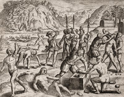 Descripción de crímenes infligidos a los indios por colonos españoles - Conquistadores masacrando una aldea india. Amputaciones de manos - Grabado por Theodore de Bry en “Narratio regionum indicarum per Hispanos quosdam devastatarum verissima” por Bartolom de Theodore de Bry