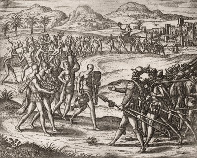 Descripción de crímenes infligidos a los indios por colonos españoles - Indios trayendo regalos y oro a los Conquistadores - Grabado por Theodore de Bry en “Narratio regionum indicarum per Hispanos quosdam devastatarum verissima” por Bartolomé de las Casas de Theodore de Bry