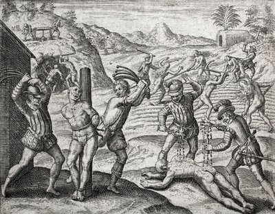 Descripción de los crímenes infligidos a los indios por los colonos españoles - Españoles torturando a los indios - Grabado de Theodore de Bry en 