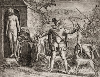 Descripción de crímenes infligidos a los indios por colonos españoles - Conquistadores españoles masacrando mujeres y niños indios. Colgamiento. Niños arrojados a los perros - Grabado por Theodore de Bry en “Narratio regionum indicarum per Hispanos quosdam de Theodore de Bry