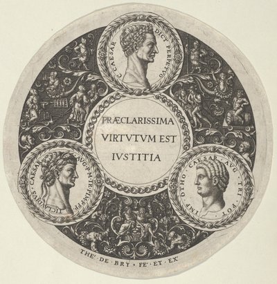 Diseño para un plato con retratos de los emperadores romanos César, Claudio y Otho de Theodore de Bry