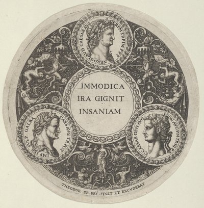 Diseño para un plato con retratos de los emperadores romanos Nerón, Galba y Calígula, ca. 1588 de Theodore de Bry