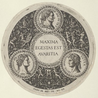 Diseño para un Plato con Retratos de los Emperadores Romanos Vitelio, Domiciano y Augusto, ca. 1588 de Theodore de Bry
