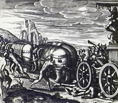 Devotos siendo aplastados por un carro durante la procesión de un ídolo, por Theodor de Bry (1528-1598), grabado de Theodore de Bry