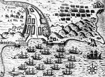 Drake capturó el barco “San Giacomo” en la isla de Cabo Verde, en 1585, por De Bry de Theodore de Bry