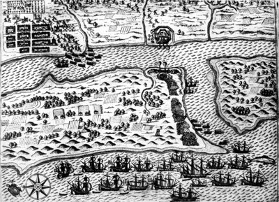 Drake captura el barco "Saint Augustin", en 1586, por De Bry de Theodore de Bry