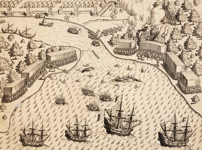 Holandeses llegando a la isla de Madura, Java, grabado de India Orientalis, por Theodor de Bry, Indonesia de Theodore de Bry