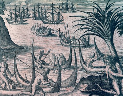 Barcos holandeses en el Estrecho de Magallanes, grabado de la Historia Americana por Theodore de Bry (1528-1598), Frankfurt de Theodore de Bry