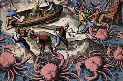 Navegantes europeos luchando contra un gran cangrejo. Grabado de "Petites voyages aux Indes Orientales" de Theodore de Bry de Theodore de Bry