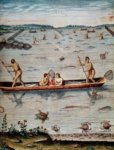Técnicas de pesca de los nativos en Virginia, grabado por Theodor de Bry de Admiranda narratio trust tamen, commodis et de incolarvm ritibvs Virginae de Theodore de Bry