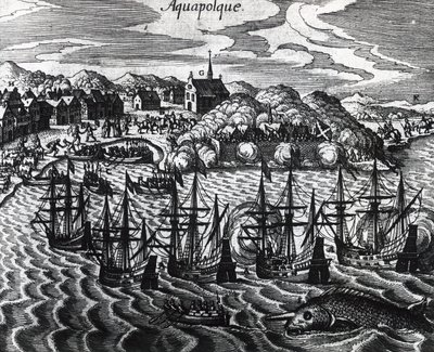 Flota de galeones en el puerto de Acapulco, por Theodor de Bry (1528-1598), grabado de Theodore de Bry