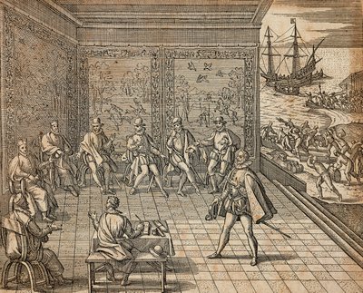 Francisco Pizarro preparándose para su expedición a Sudamérica de Theodore de Bry