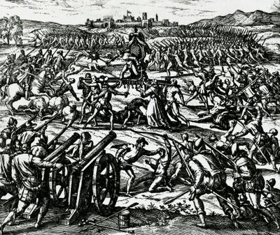 Tropas de Francisco Pizarro capturando al emperador inca Atahualpa durante la Batalla de Cajamarca, 16 de noviembre de Theodore de Bry