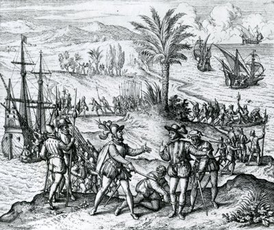 Francisco de Bobadilla llegando como gobernador y arrestando a Cristóbal Colón (1451-1506) en La Española, 1500, 1590 de Theodore de Bry