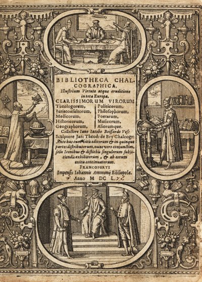 Frontispicio con viñetas de científicos dentro de bordes. de Theodore de Bry