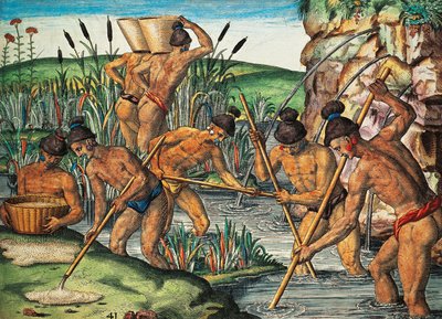 Buscadores de oro en Florida, grabado en color de Theodor de Bry basado en una pintura de Jacques le Moyne de Morgues, de Brevis Narratio de Theodore de Bry